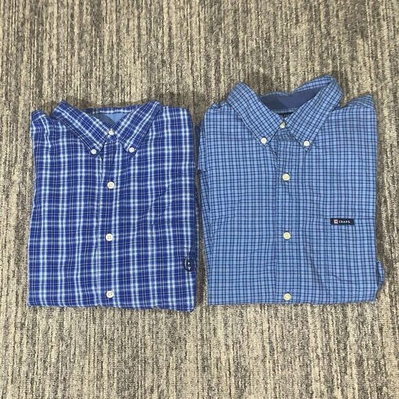 Lot of 2 Chaps Mens Large Button Front‎ Shirts Blue Plaid Long Sleeves Cotton - Picture 1 of 8